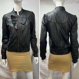 Mike & Chris Women's S Black Lamb Leather Ruffle Moto Biker Jacket Anthropologie